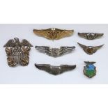 Selection of WW2 era US military sterling silver badges, including US Navy badge, USAF crew,