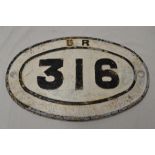 Vintage cast iron British Rail bridge/tunnel number marker sign 316, white painted background with