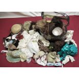 Collection of Doll's wigs and accessories including bonnets, socks and shoes