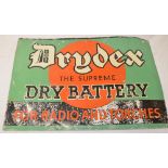 Vintage painted steel plate advertising board for Drydex batteries L63cm x H42cm