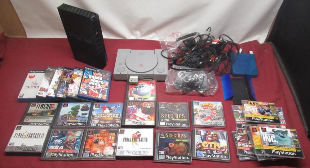 Playstation and PS2 consoles with games and controllers