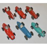 Six vintage diecast racing car models including Corgi B.R.M. F1 Grand Prix, Dinky Talbot Lago,
