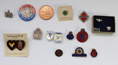 Selection of British and American badges, enamel pins etc, including wartime fire watcher enamel