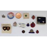 Selection of British and American badges, enamel pins etc, including wartime fire watcher enamel