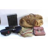 Selection of WW2 era bags and hats etc, including Khaki kit bag, leather dispatch riders satchel,