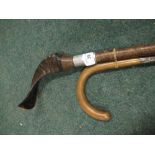 Alpine style walking stick with sheep's horn and metal collar L127cm, and another smaller walking