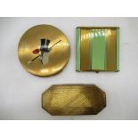 Austrian Art Deco striped gilt and mint green enamel square compact, a circular Stratton gilt