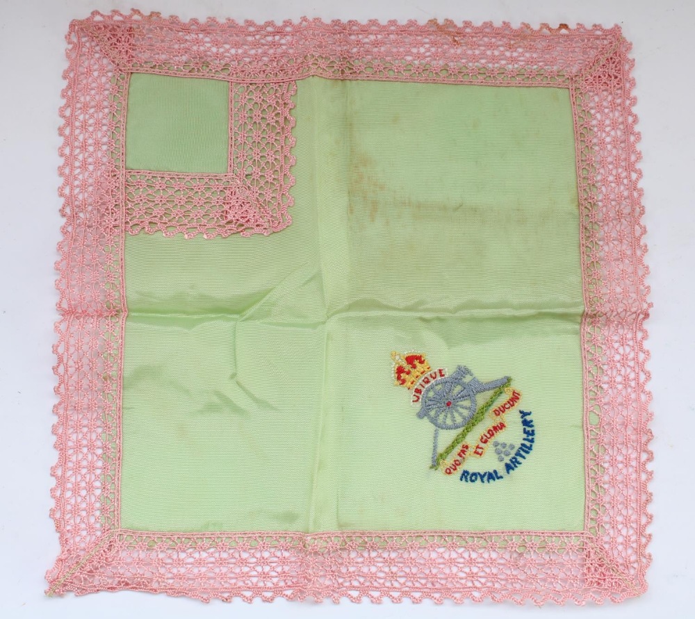 WW2 period Royal Artillery embroidered silk handkerchief in green and pink, W26cm