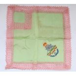 WW2 period Royal Artillery embroidered silk handkerchief in green and pink, W26cm