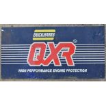 Painted steel plate sign advertising Duckhams QXR high performance engine protection, 125cm x 62.5cm