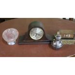 c.1930 mantel clock, EPNS hot water jug, cut glass bowl with pink hue on aluminium stand, musical