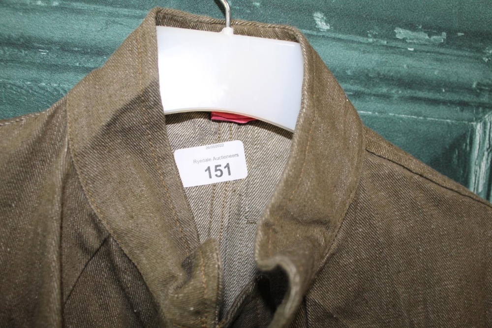 Military overall with single breast pocket and brass buttons, two dust coats (3)