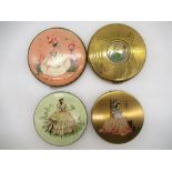 Circular compact, hand painted with a Lady with her parasol, another circular gilt compact with