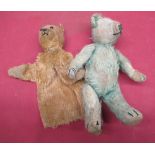 Early C20th straw filled teddy bear in blue mohair with swivel head, squeaker (not working) and