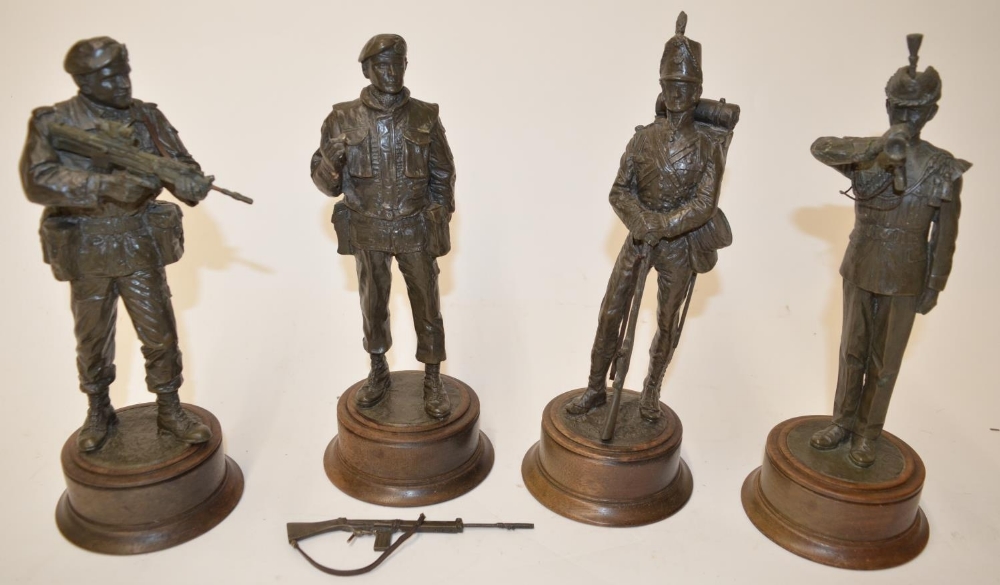 Four bronze cast figures of British soldiers by Peter Hicks (two modern and two Victorian era).