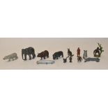 Vintage hollow lead animal figures including elephant, rhino, hippo, kangaroo etc. Also a vintage
