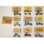 Nine vintage boxed Matchbox and Lesney diecast model vehicles including two 1913 Cadillacs, 1910