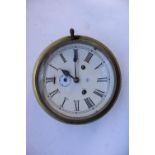 Mid C20th brass ships clock, Roman Numerals on printed card face, diameter of face 16cm (hinge A/F)
