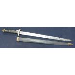 Chinese sword, 26 1/2" double edged blade, cross piece inset with shagreen mounts and carved rib