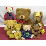 Collection of teddy bears including Merrythought tartan bear, Mornflake Oats bear in yellow hat