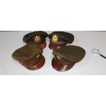 WW2 period Four Officers peak caps chocolate and olive green with USAF insignia