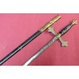 Masonic style ceremonial sword with 28 inch straight blade brass cross piece and swollen wire