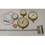 Three pressure gauges, temperature gauge and vintage rotofirm silage thermometer (5)