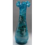 Clear glass oil lamp vase, Art Deco Mary Gregory blue vase with painted picture depicting apple