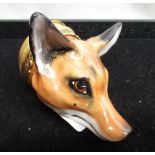 Royal Stafford hand painted stirrup cup, modelled as foxes mask with gilt metal pierced hinged