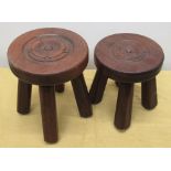 C20th mahogany circular topped stool, carved with Yorkshire rose on four chamfered legs, D19cm