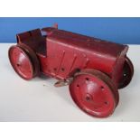 Tri-ang No2 red tinplate clockwork tractor, possible repaint, missing tracks and driver, L21cm