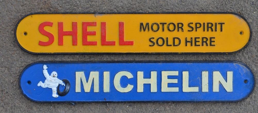 2 reproduction painted cast steel signs, Shell and Michelin. L 49.8cm