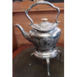 Late Victorian EPNS spirit kettle on stand, with part lobed body on reeded paw feet, bone