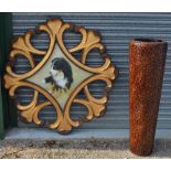 Circular scrolled open work frame with a printed study of a collie. D134cm, large floor vase
