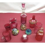 Collection of C19th and later red overlaid and cranberry glass ware incl. oil bottles, beakers,