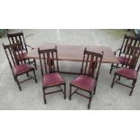 C20th oak dining suite comprising: refectory style table, rectangular top on carved bulbous end