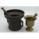 Patinated brass C15th style apothecary mortar and pestle D15.5cm H13cm, late C20th brass