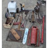 Collection of tools including a Clarke 9 piece dent puller, post knocker, peat spade, sythe etc