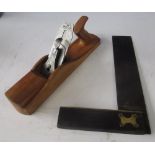 Vintage Marples 2 inch wood working plane and large ebony handled square (14 inch)