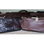 1940s tan leather type ladies Gladstone bag, ladies brown crocodile skin handbag with detachable