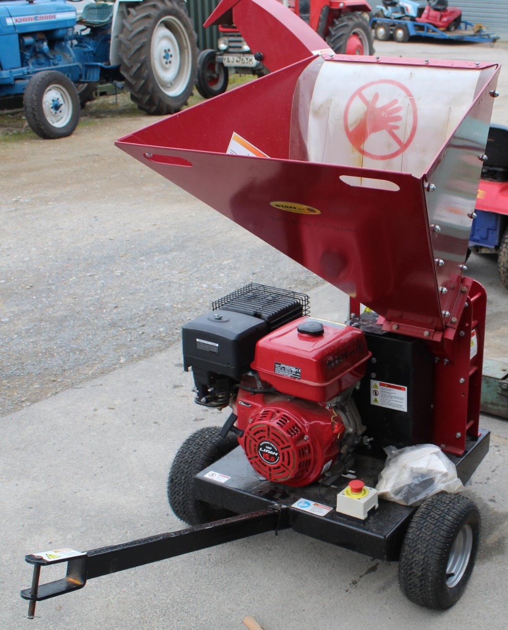 Titan Pro petrol wood shredder with electronic ignition, on own trailer