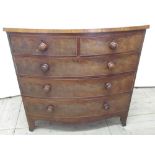 19th century mahogany bow front chest of two short and three long graduated cockbeaded drawers, with