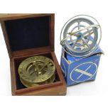 F. L. West, 31 Lock Spur, London, lacquered brass sundial compass D8cm, in hardwood brass bound box,