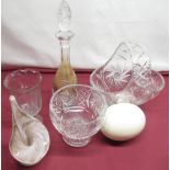 Crystal vase, decanter and other glassware, blown ostrich egg (6)