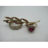 Ruby and CZ leaf bar brooch, L5.5cm, a hallmarked 9ct yellow gold ruby and CZ cluster ring, round
