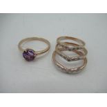 Rose sterling silver wishbone stacking rings with inset round cut diamonds, stamped 925, size R,