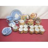 Wedgwood Jasperware jugs, urns dishes and plates (11), set of four hand painted Foreign lustre style