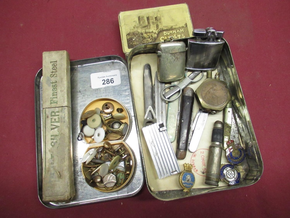 Late Victorian silver plated vesta with bright cut decoration, brass trench art style lighter,