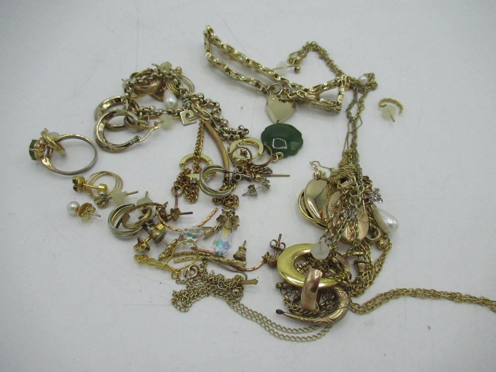 Collection of jewellery including yellow metal earrings, necklaces, bracelets etc and a jade daisy