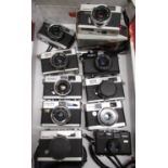 Range Finder compact cameras including Fujica GA, Ricoh 500ST, Minolta Hi-matic F and another box of